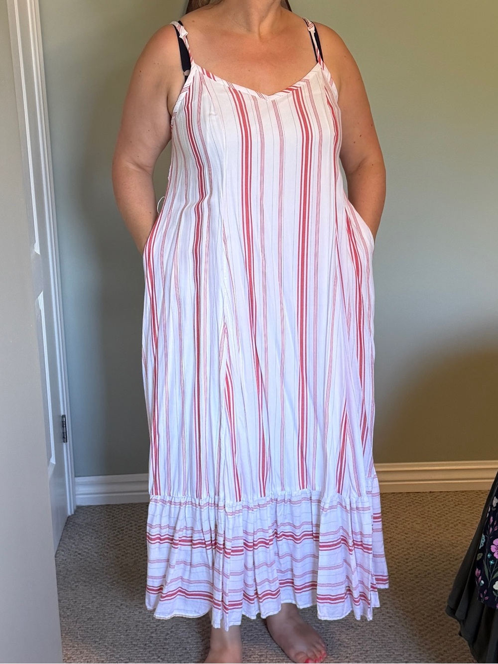 Torrid White and Red Striped Midi Dress with Tie Waist - Picture 2 of 12